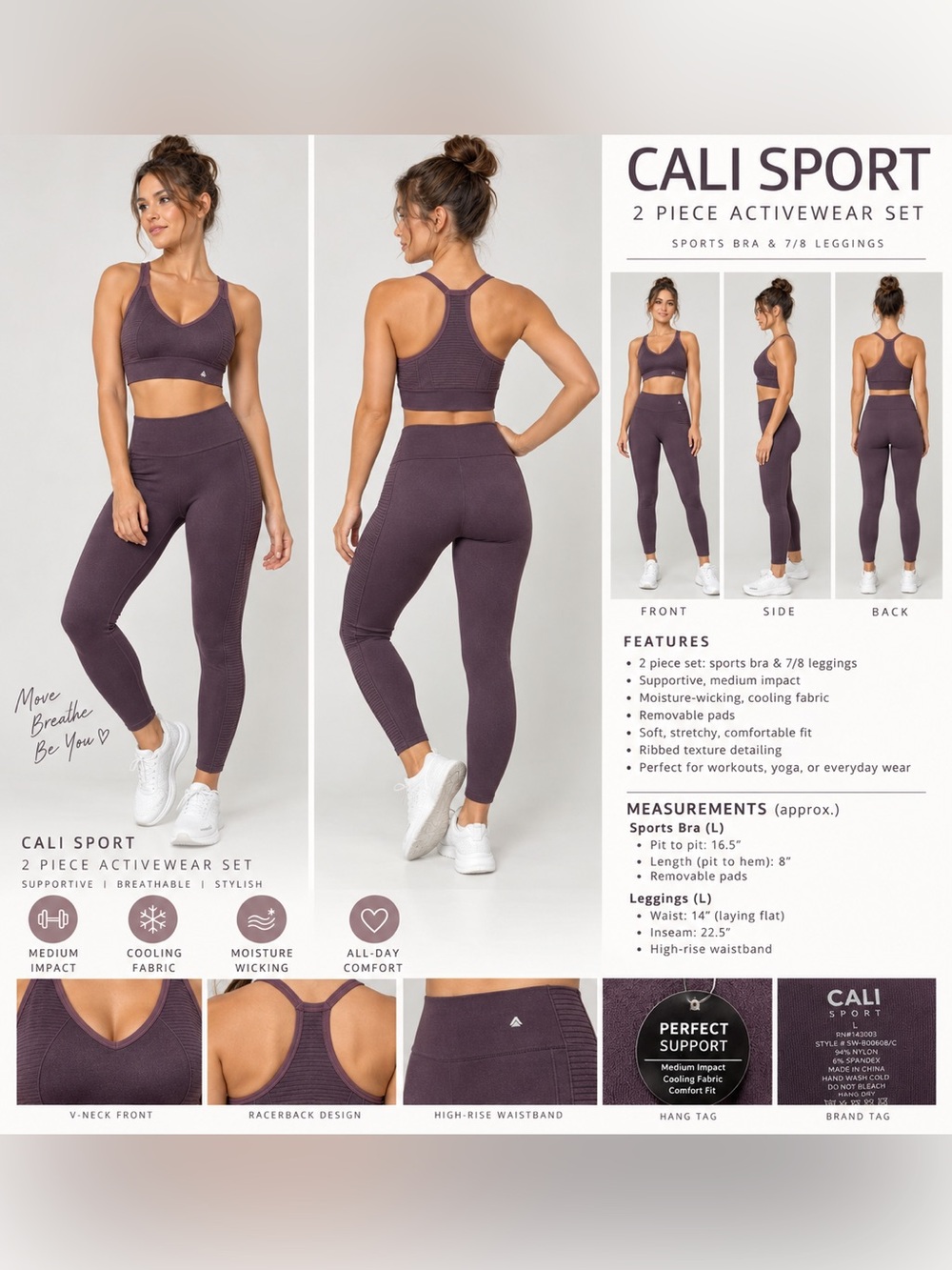 CALI Sport 2 Piece Plum Sports Bra & Leggings Set Size Large NWT